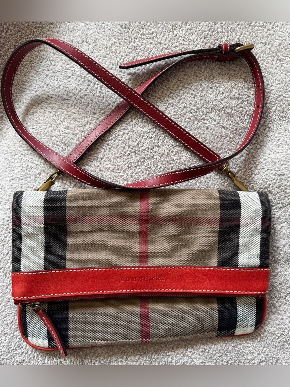 Burberry House Check Jute Clutch Crossbody Red Leather Trim - Picture 3 of 13